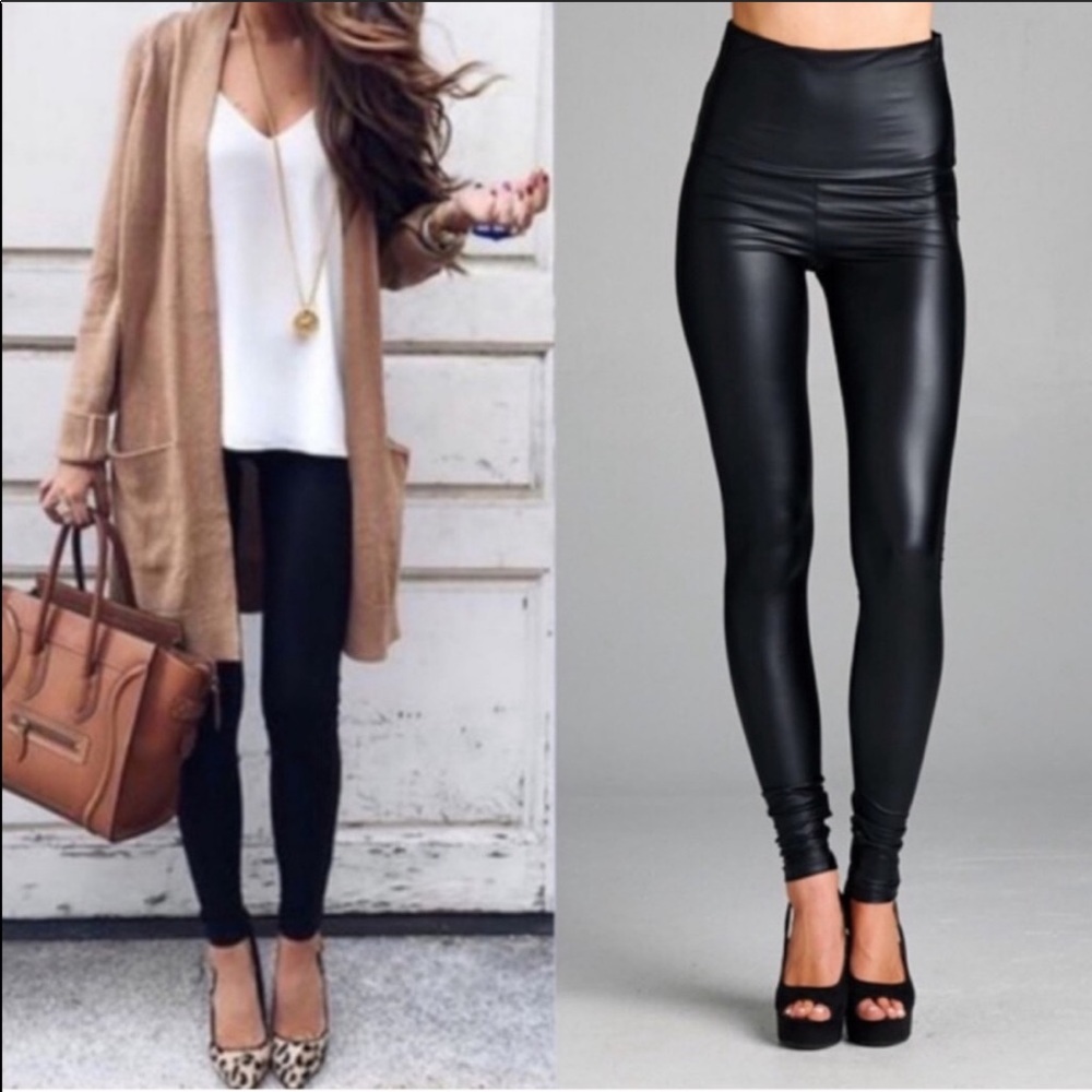 Black Slick Vegan Leather Leggings - Picture 3 of 8